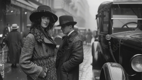A couple dressed in elegant vintage fashion stands out on a foggy city street, with early 20th-century cars setting the scene.