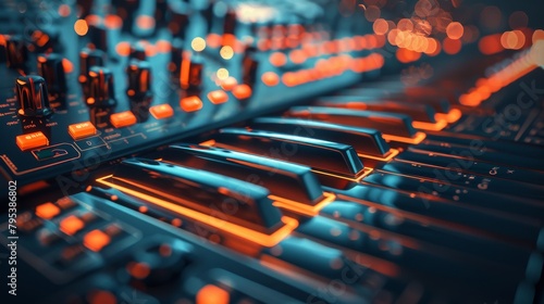A close up of a synthesizer with orange lights. photo