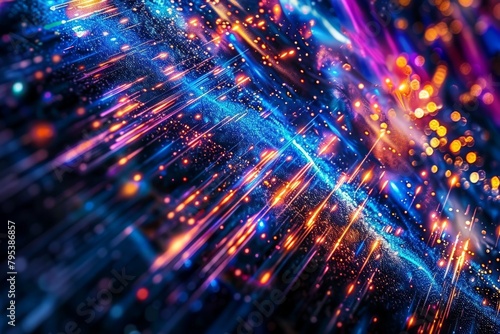 Close-up of optic fibers with dynamic blue and red light bokeh in the background. Beautiful simple AI generated image in 4K, unique.