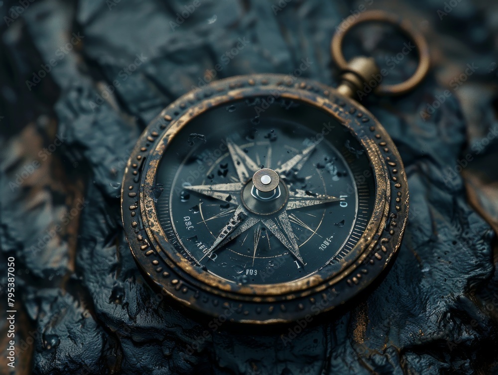A close up of a wet, antique brass compass on a dark rock surface. A close up of a wet, antique brass compass on a dark rock surface.