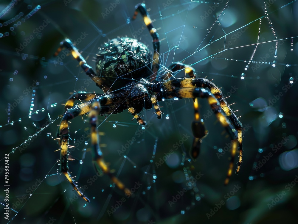 A close up photo of a garden spider with morning dew on its web. A close up photo of a garden spider with morning dew on its web.