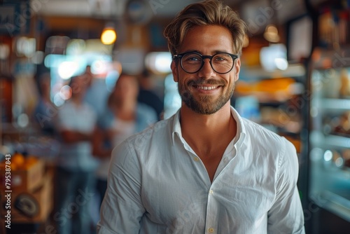 A self-assured man in a neat white shirt smiles subtly in a vibrant marketplace, conveying confidence and approachability photo