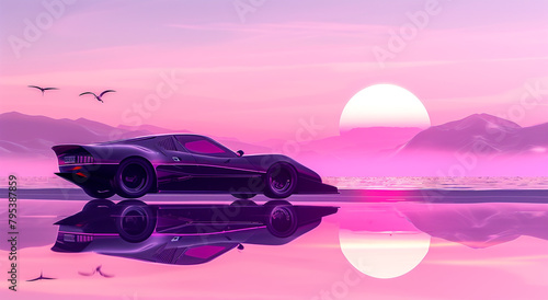 A grainy pink and purple digital artwork of an futuristic sport car driving on the beach at sunset. The car is reflected in still water with mountains visible behind it. 