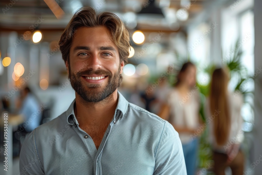 A photo capturing a casually dressed businessman with a warm smile, engaging and comfortable in a modern office setting A photo capturing a casually dressed businessman with a warm smile, engaging and comfortable in a modern office setting