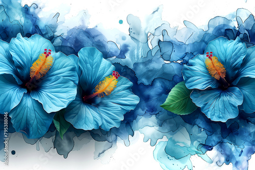 A painting of three blue flowers with yellow tips