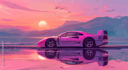 A grainy pink and purple digital artwork of an futuristic sport car driving on the beach at sunset. The car is reflected in still water with mountains visible behind it. 