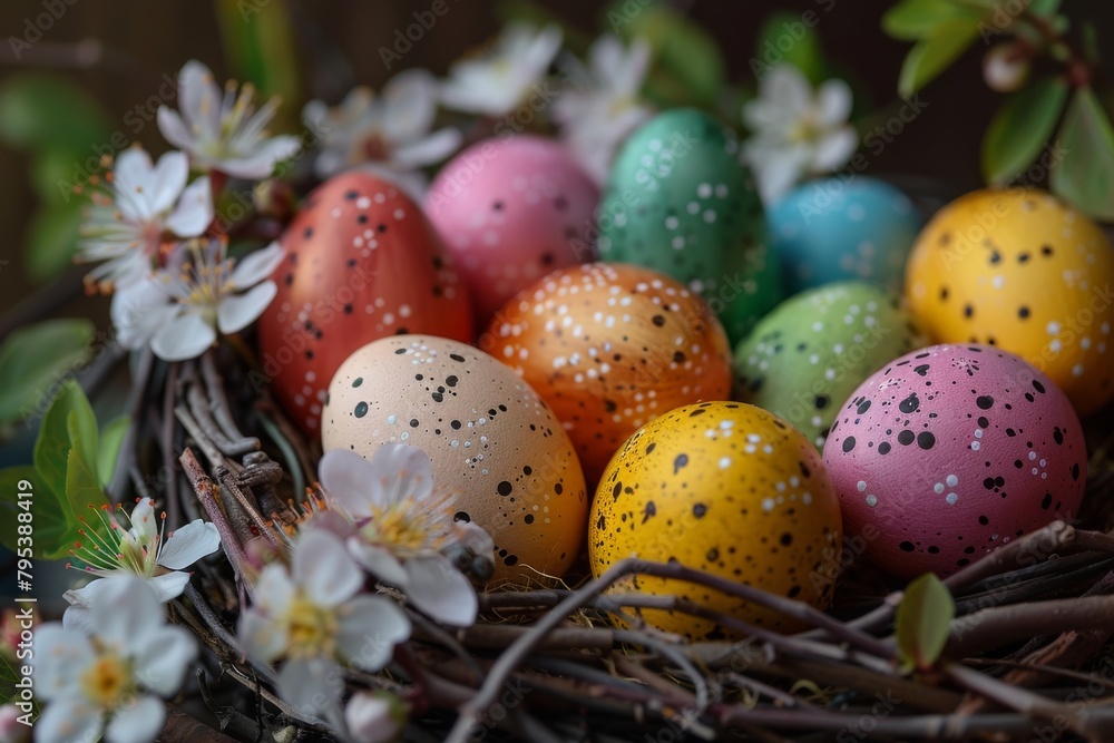 Colorful Easter eggs arranged in a nest with spring blossoms