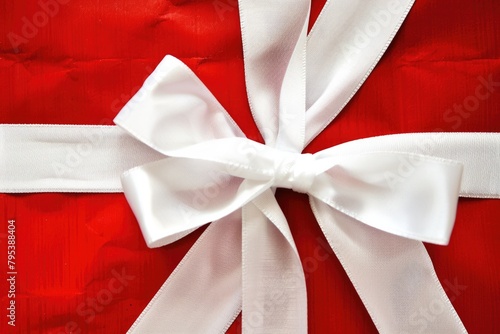 White Gift Ribbon. Red Gift Box with Bright Bow for Celebrating Anniversary or Birthday
