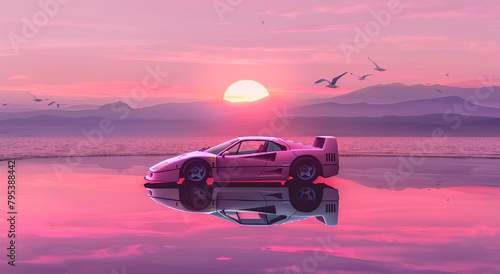 A grainy pink and purple digital artwork of an futuristic sport car driving on the beach at sunset. The car is reflected in still water with mountains visible behind it.  © Aisyaqilumar