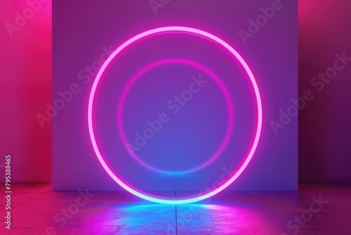 Modern Circle Background. 3D Render Neon Ring Shape with Ultraviolet Light in Blue and Pink Colors