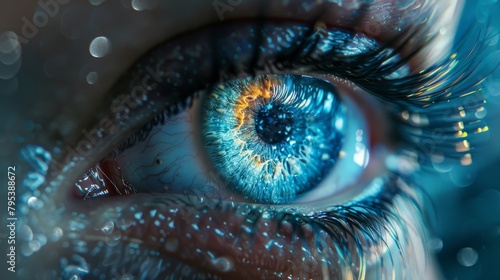A close-up of a woman's blue eye with water droplets on her face.