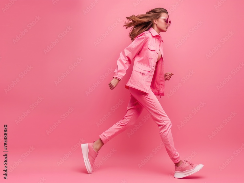 Glamour Model. Pink Fashion Woman Running on Vibrant Background