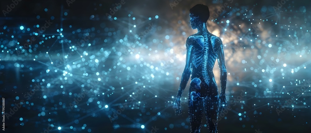 Fascinating blend of human biology and digital technology creates aweinspiring holographic display. Concept Digital Biology, Holographic Technology, Awe-Inspiring Display, Human-Machine Fusion