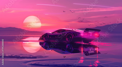 A grainy pink and purple digital artwork of an futuristic sport car driving on the beach at sunset. The car is reflected in still water with mountains visible behind it. 