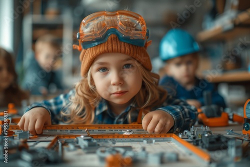 A young girl wearing safety gear is highly focused while working with tools in a workshop setting, depicting concentration