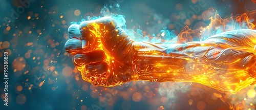 Vivid digital art of glowing muscles in flexion showcasing strength and determination. Concept Digital Art, Glowing Muscles, Flexion, Strength, Determination