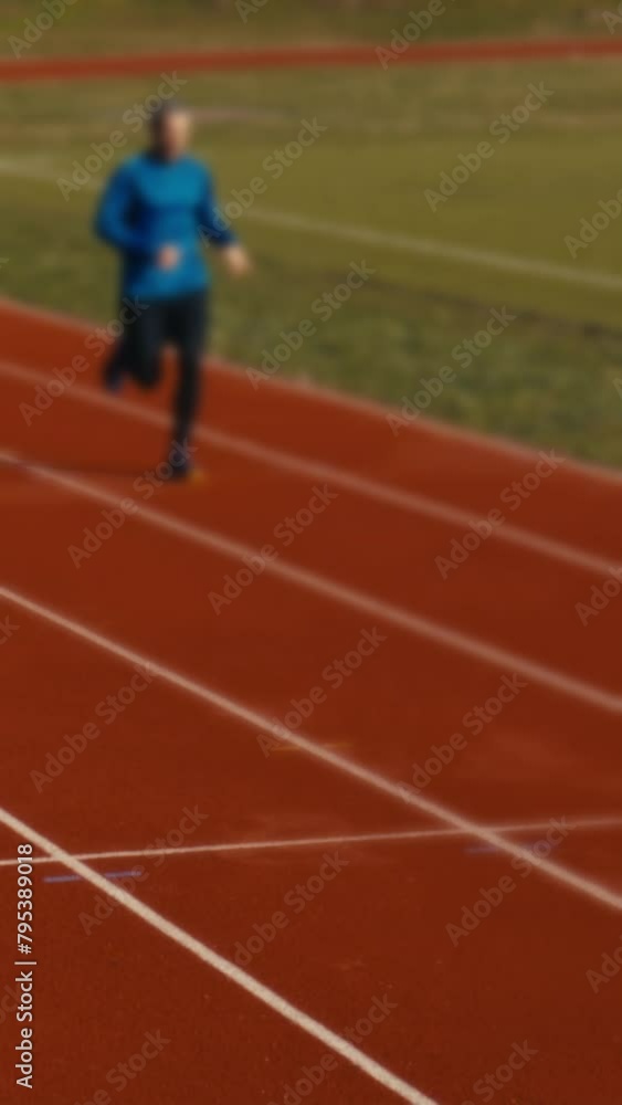 Blurred man running on a running track in slow motion. Vertical screen orientation captures the athletic fitness exercise in action. Active jogging training workout for athlete's stamina and endurance Blurred man running on a running track in slow motion. Vertical screen orientation captures the athletic fitness exercise in action. Active jogging training workout for athlete's stamina and endurance