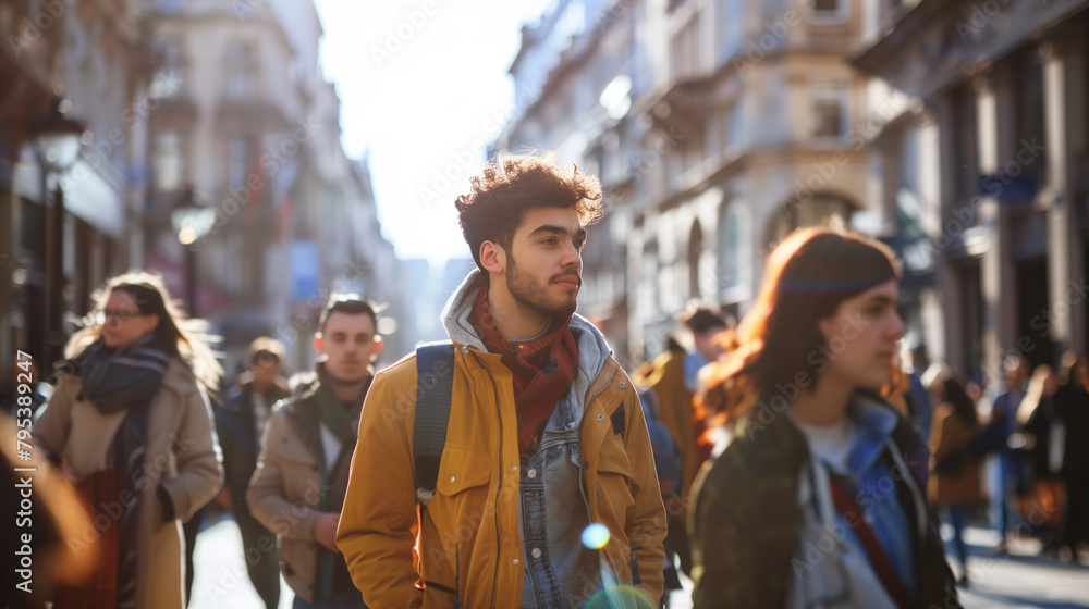 Young adults exploring a bustling city street, visiting shops and enjoying street food. , natural light, soft shadows, with copy space Young adults exploring a bustling city street, visiting shops and enjoying street food. , natural light, soft shadows, with copy space