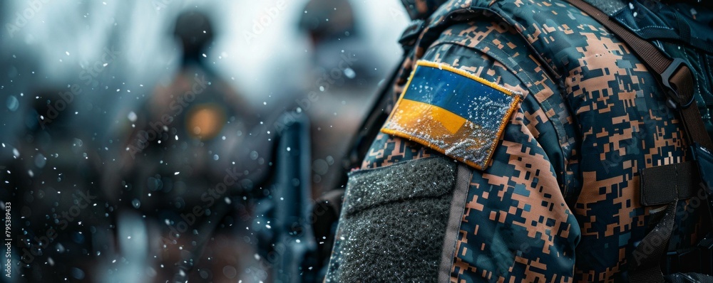 Ukrainian military ID against pixel camouflage uniform background ...