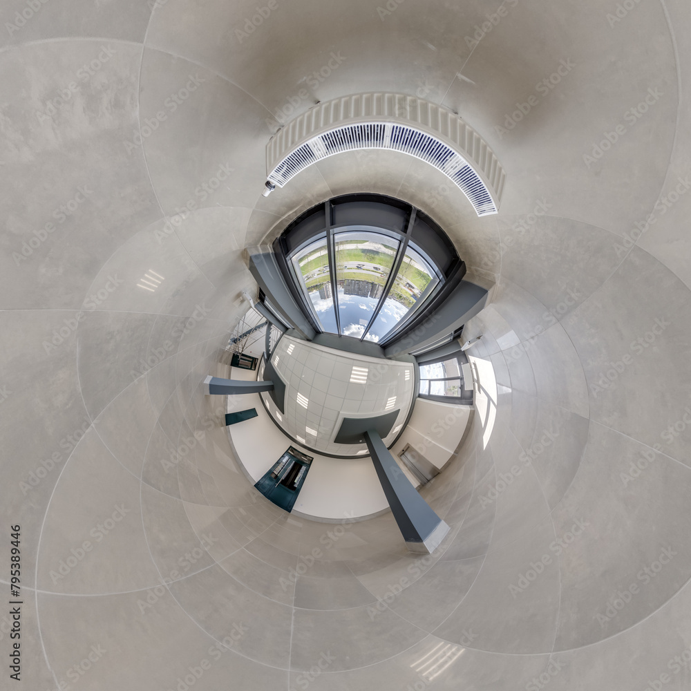 Fototapeta premium abstractly twisted into spherical 360 panorama interior of modern office with hall staircase and panoramic windows