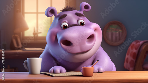 Purple cute cartoon of a hippopotamus character is reading the book in evening