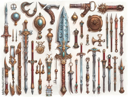A collection of various weapons and magical items. photo