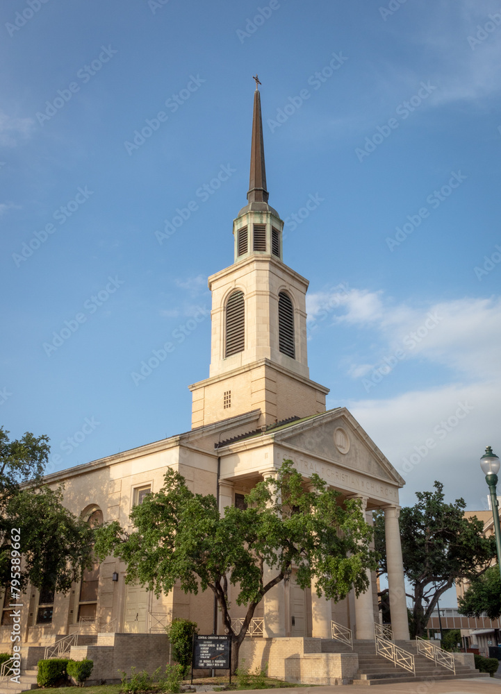 San Antonio Central Christian Church building exterior on a clear blue sky day