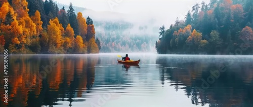 Rowing Through Tranquility: Aerial Scene of Small Boat on Serene Autumn Lake, a Moment of Peace photo