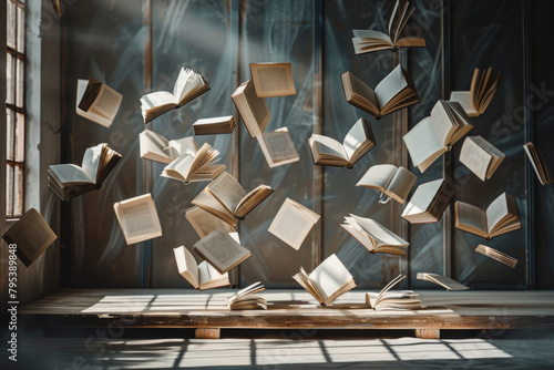 Floating books, levitating in mid-air or arranged in unexpected formations.  photo