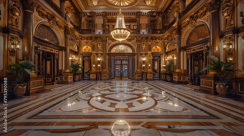 Obraz premium Grandiose Marble Lobby of Luxurious Turn of the Century Hotel with Ornate Limestone Facade and Lavish Chandeliers