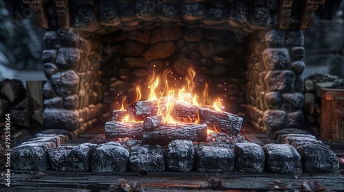 A cozy fireplace with a bright fire burning inside