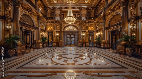 Grandiose Marble Lobby of Luxurious Turn of the Century Hotel with Ornate Limestone Facade and Lavish Chandeliers © Narakorn