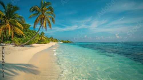 Luxurious tropical landscape. White sand with palm trees and azure sea. A heavenly place to relax. Beautiful exotic summer beach background for design.