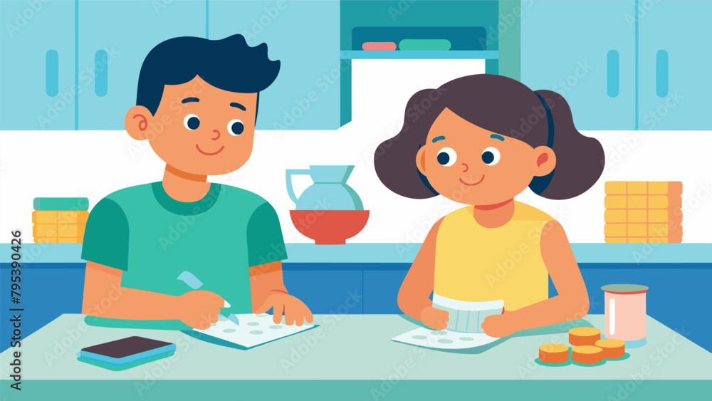 Siblings sitting at the kitchen table carefully dividing their first responsibility allowance into separate piles learning the value of sharing Siblings sitting at the kitchen table carefully dividing their first responsibility allowance into separate piles learning the value of sharing