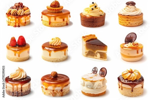 Collection of custard cakes, classic and nut set, on a white background. Many different designs. Layout template for artwork design