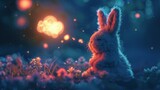 A cute bunny sits in a field of flowers, looking up at a glowing butterfly. The background is a starry night sky.