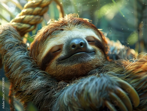 A cute sloth is sleeping on a rope. photo