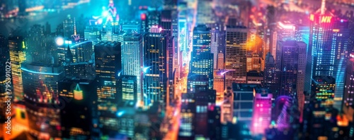 A vibrant urban landscape with towering skyscrapers and illuminated lights, reflecting the dynamic energy of a bustling city.