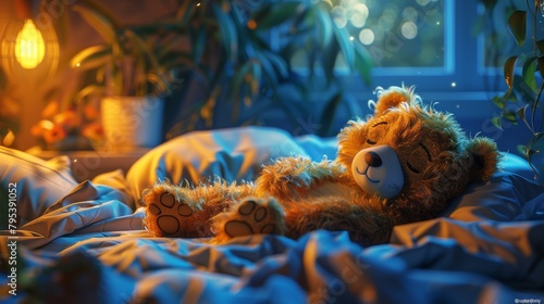 A cute teddy bear is sleeping on a bed. The bear is brown and has a soft, fluffy coat. It is lying on its side with its head resting on its paws. The bear is surrounded by soft pillows and blankets. T photo