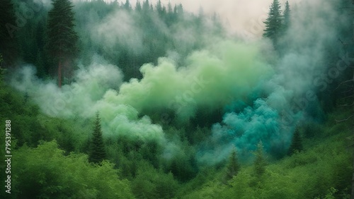 Aerial view of misty forest in summer. Smoke from a forest