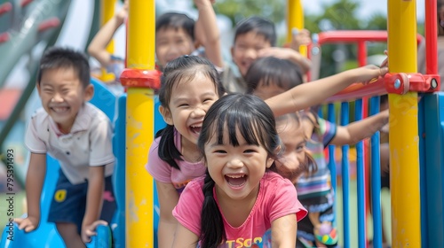 Radiant Smiles: Joyful Asian Children Embracing Childhood Happiness in a Vibrant Playground