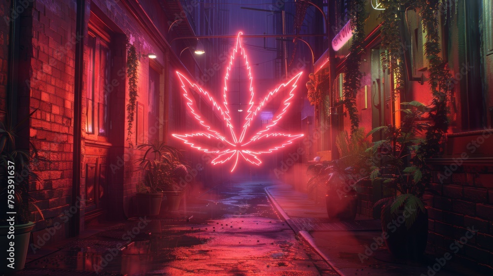 A dark and rainy alleyway with a glowing red neon marijuana leaf in the distance.