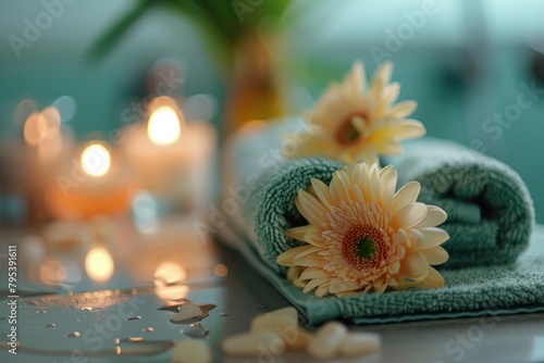 Chamomile Essential Oil with Towel and Daisy Flowers on Wooden Surface