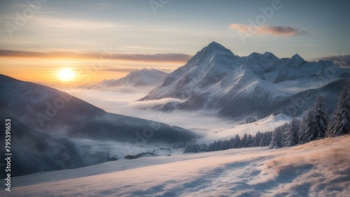 Sunset in the mountains. Beautiful winter landscape with snow and fog