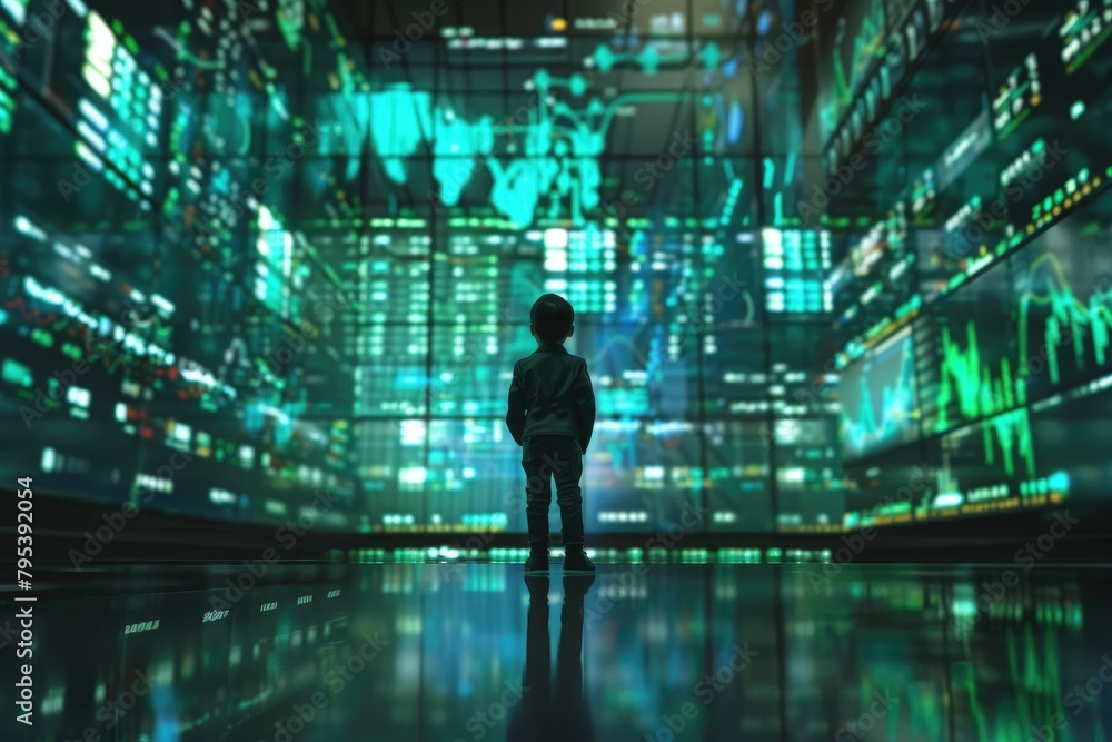 wide view stock market graph growthing up on digital wall and full body Kid Businessman in suit wide view stock market graph growthing up on digital wall and full body Kid Businessman in suit