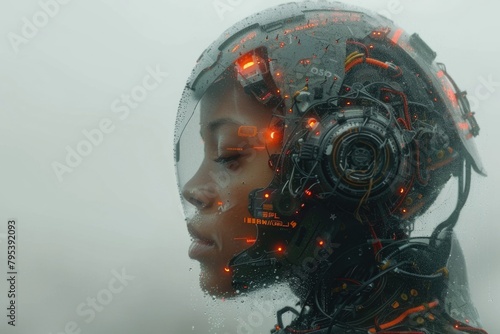 A highly detailed representation of a cyborg with intricate technological elements, embodying the fusion of human with machine