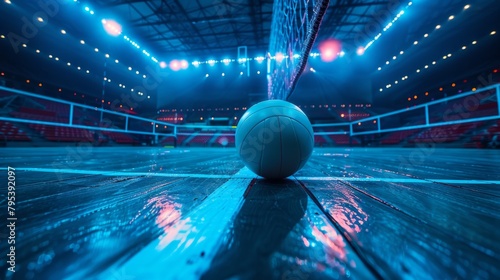 Volleyball ball and net in an arena during a match. photo