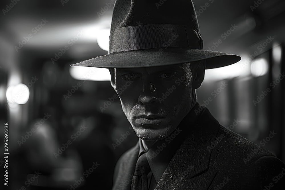 A black and white image exuding mystery and nostalgia, featuring a man dressed in vintage fashion with a fedora hat A black and white image exuding mystery and nostalgia, featuring a man dressed in vintage fashion with a fedora hat
