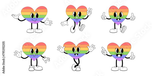 Set with groovy lgbt heart characters isolated on white background.  LGBT pride month