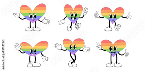 Set with groovy lgbt heart characters isolated on white background.  LGBT pride month